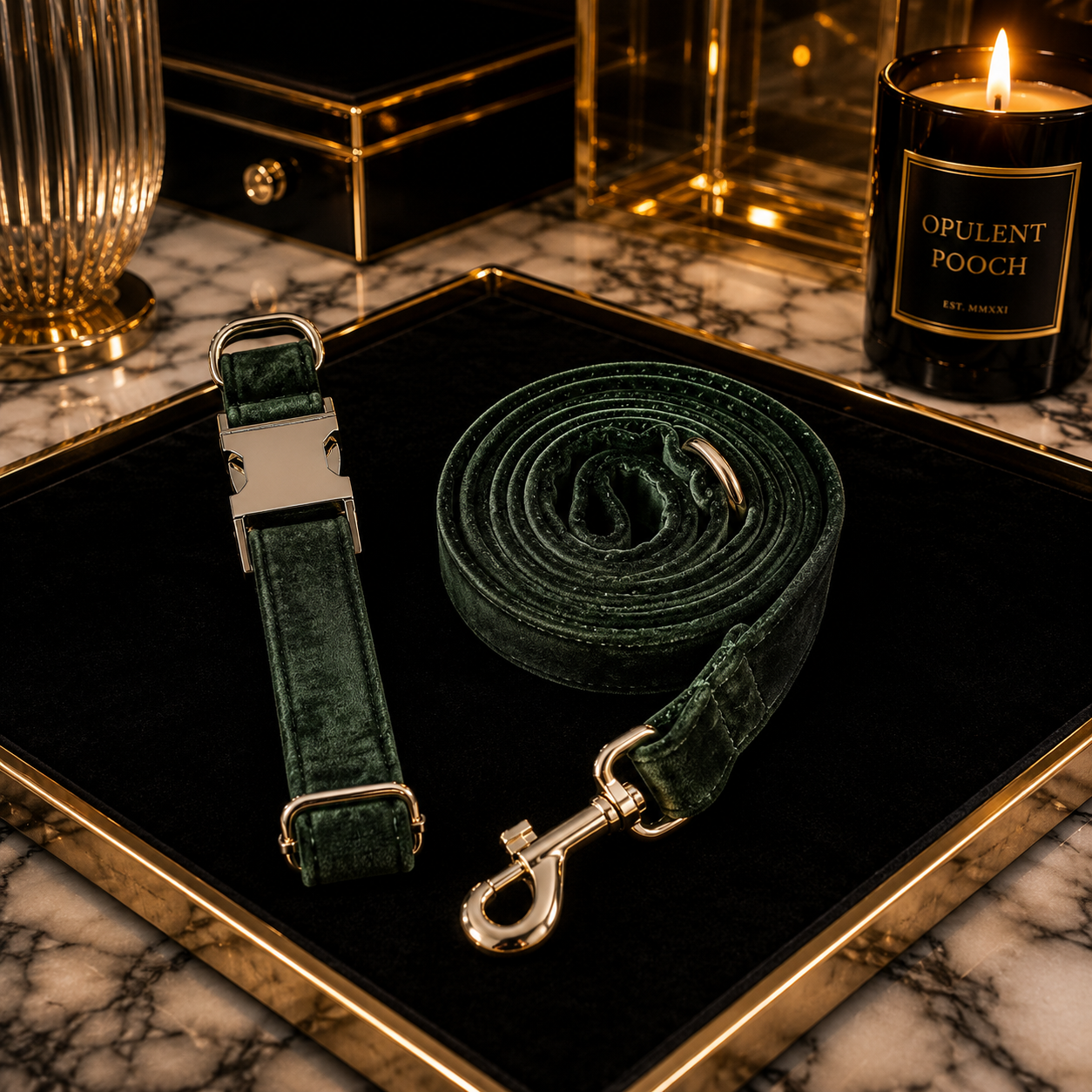 The Emerald - Velvet Collar & Leash Set