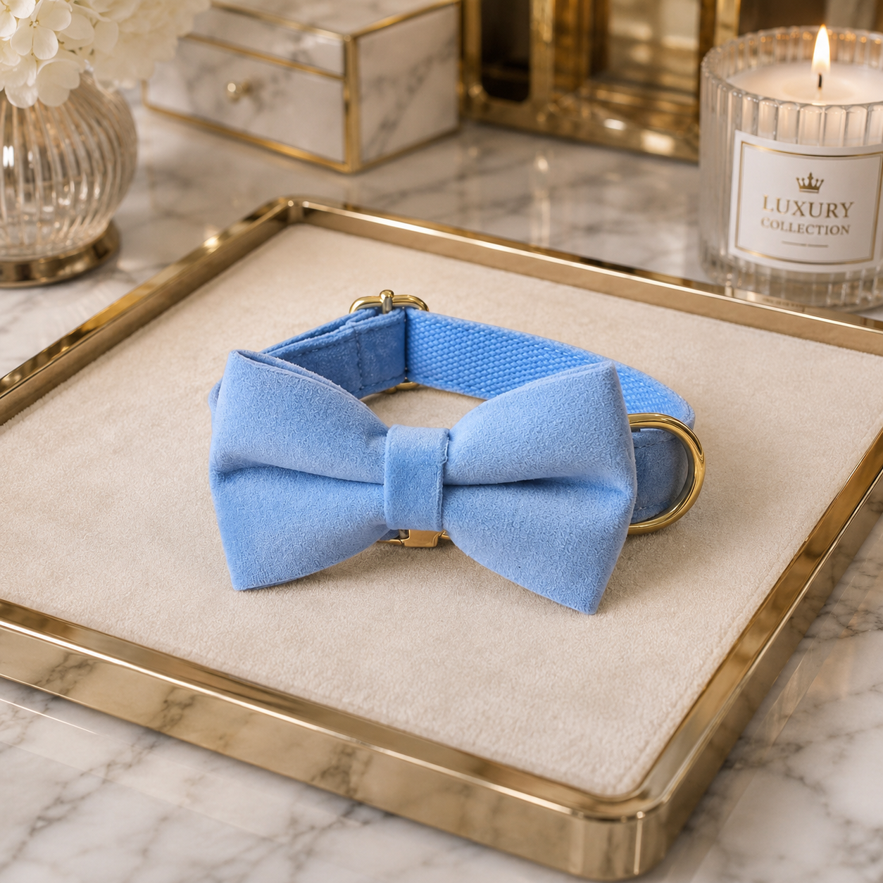 The Sapphire Velvet Dog Collar & Leash Set