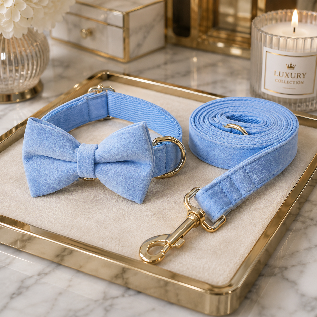 The Sapphire Velvet Dog Collar & Leash Set