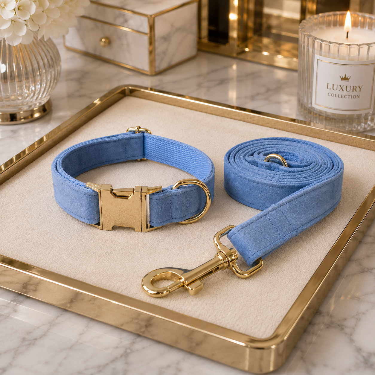 The Sapphire Velvet Dog Collar & Leash Set
