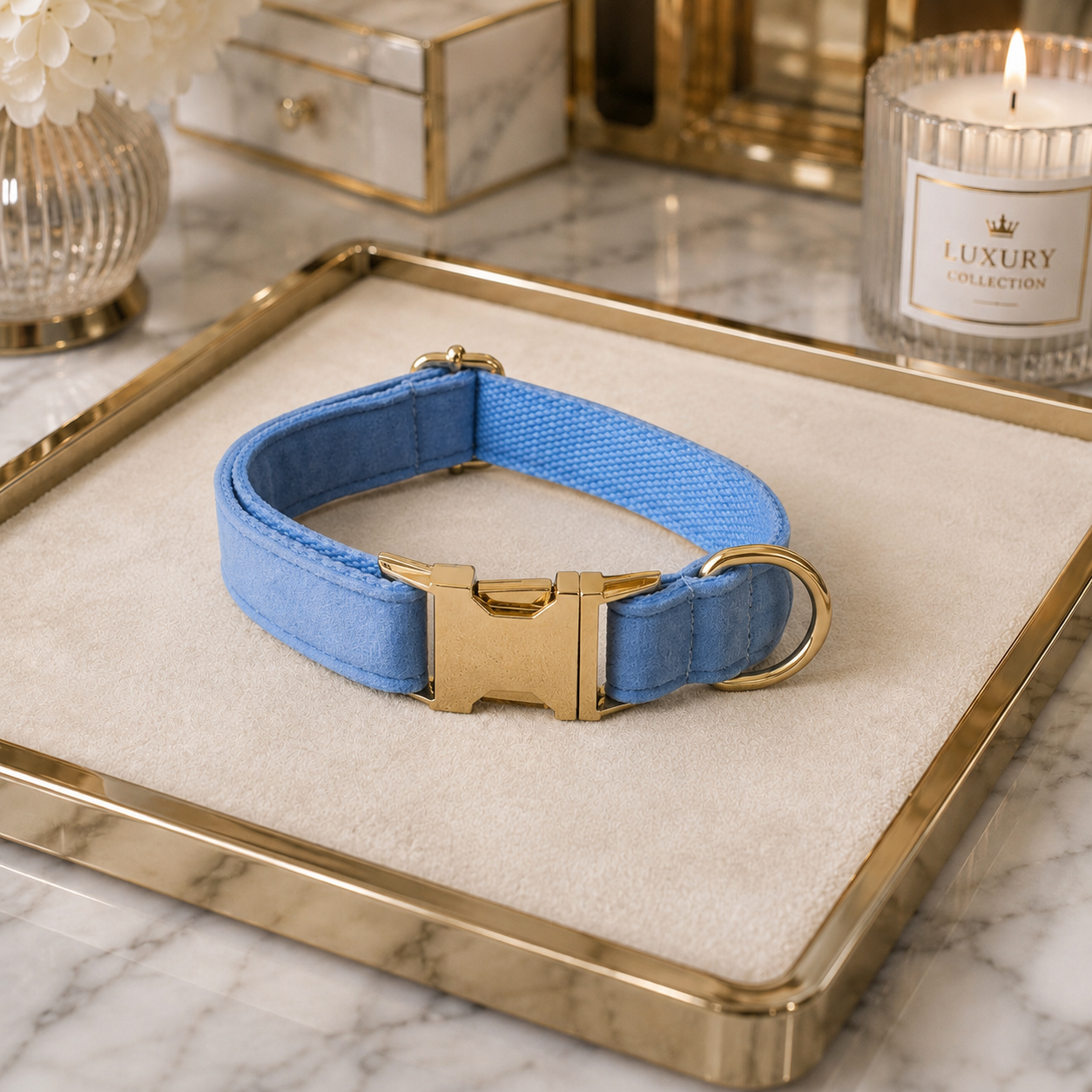The Sapphire Velvet Dog Collar & Leash Set
