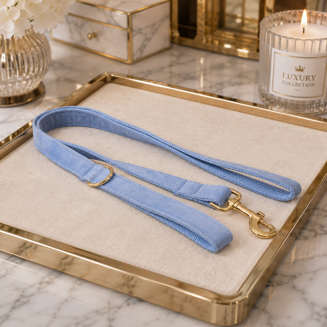 The Sapphire Velvet Dog Collar & Leash Set